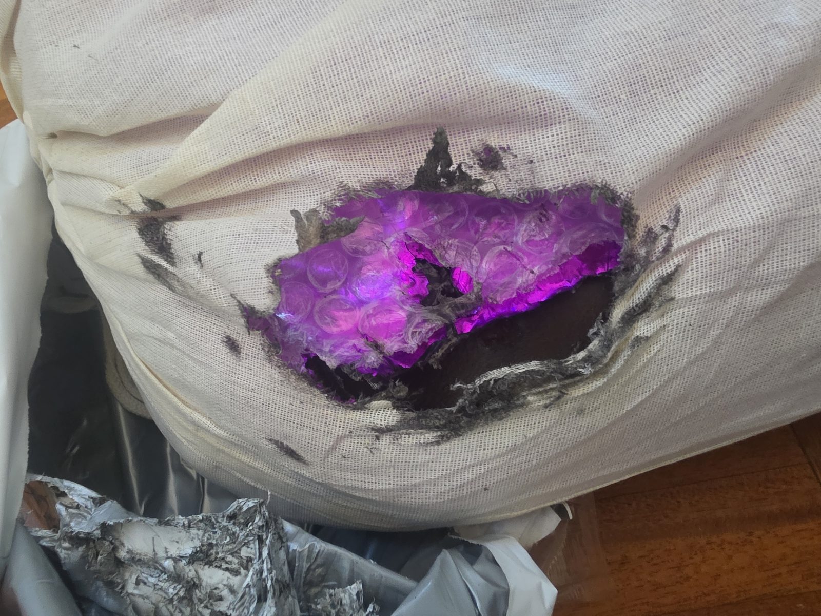 Damaged corner of the bag visible through torn bubble wrap