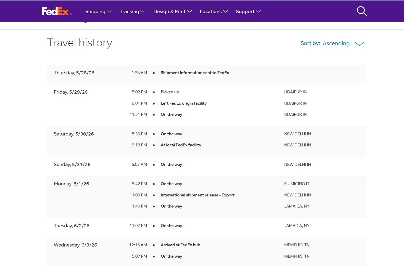 FedEx travel history showing the shipment picked up in Udaipur, India and exported to the United States