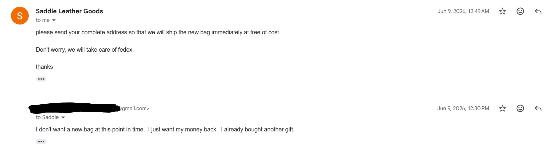 Seller offers a replacement; customer asks for a refund instead