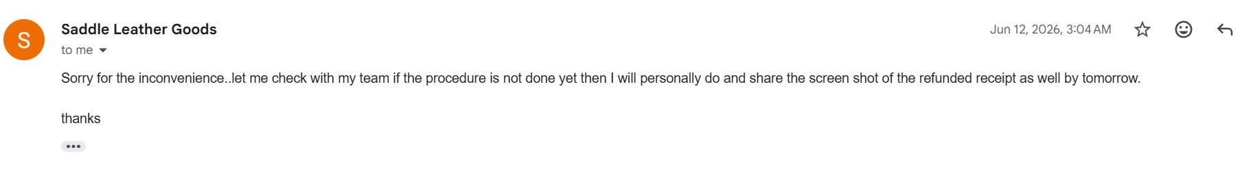 Seller's final email promising a refund receipt by tomorrow