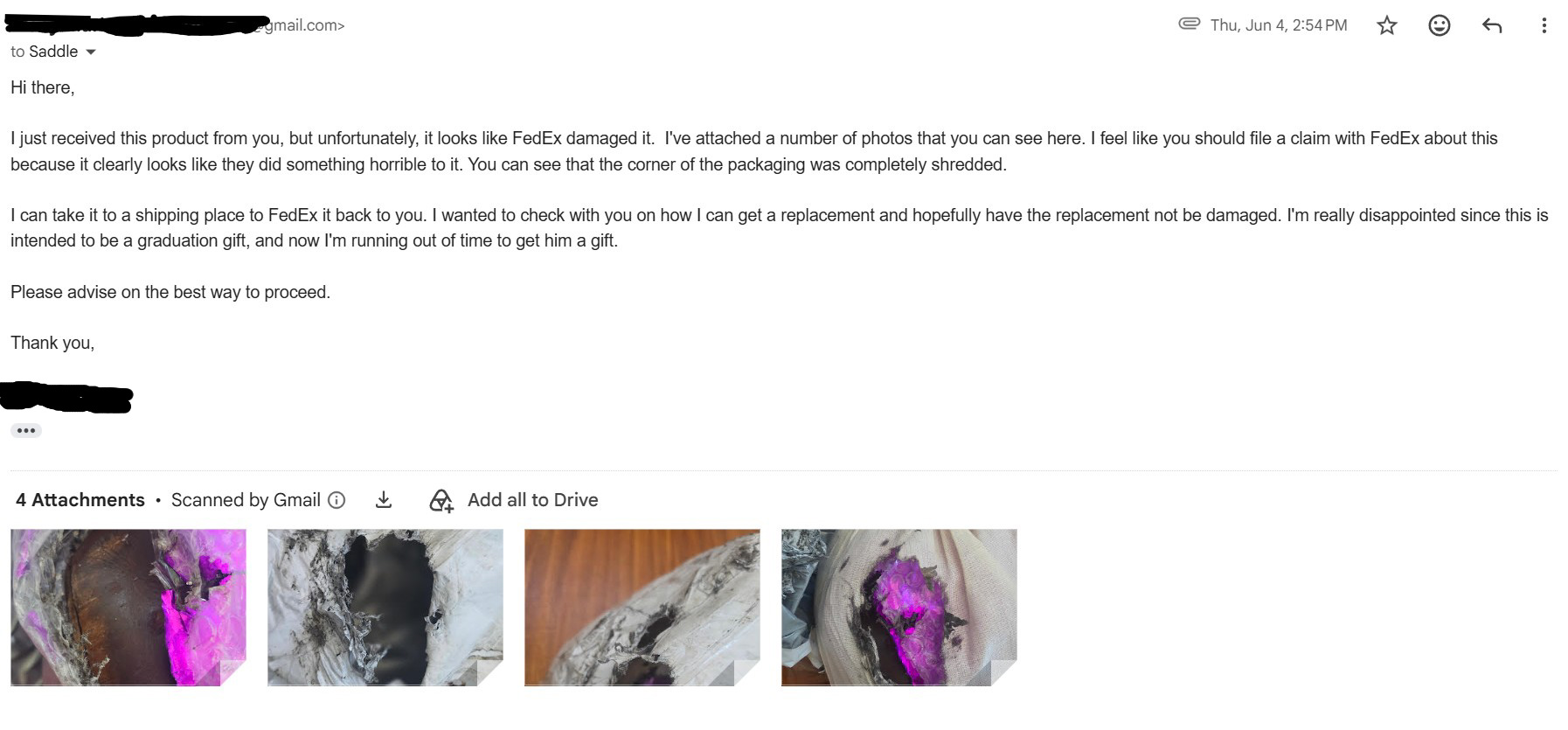 Email reporting the damaged bag with four photos attached
